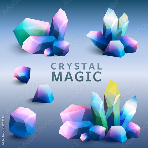 Vector illustration of a collection of colorful imaginary minerals with glowing edges in blue purple colors. Geometric shapes of gemstones and crystals wth shadows.