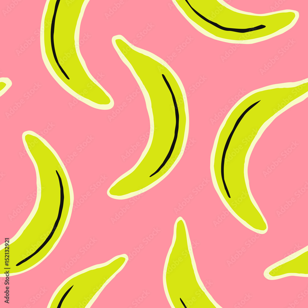 Hand drawn seamless pattern with bananas in yellow, black and cream on pink background.