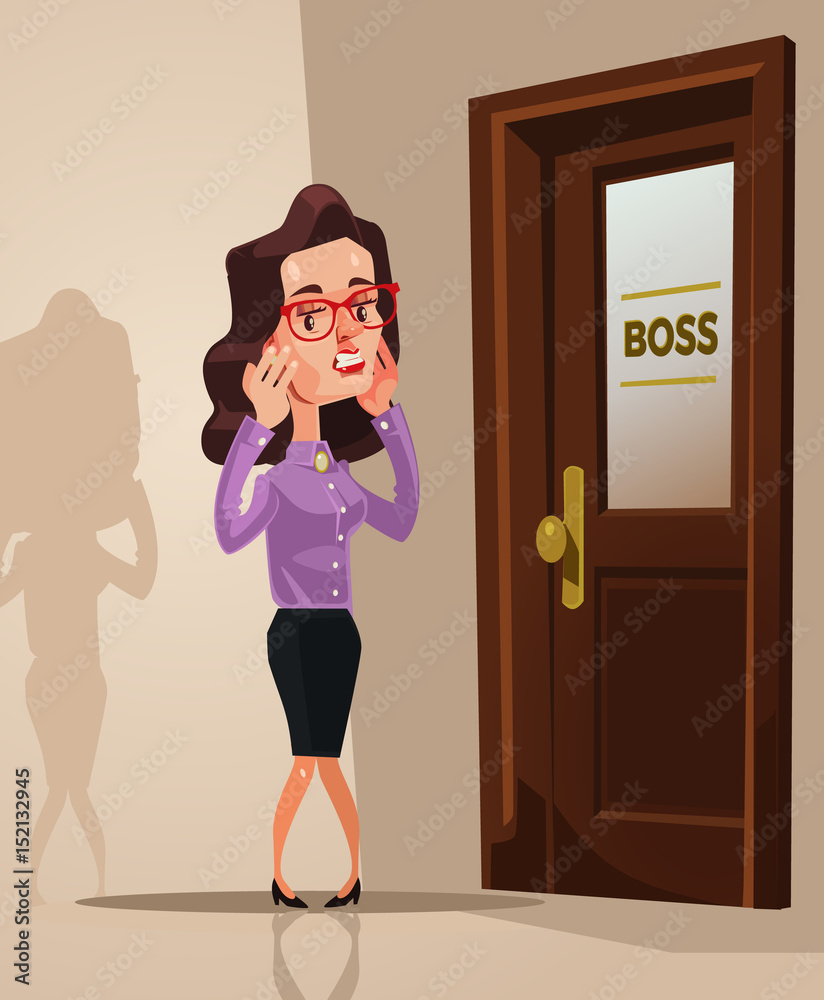 Scared frightened office worker woman afraid enter boss office. Vector flat cartoon illustration