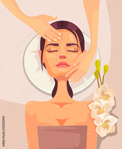 Happy smiling young woman character having anti aging spa massage in beauty salon. Vector flat cartoon illustration
