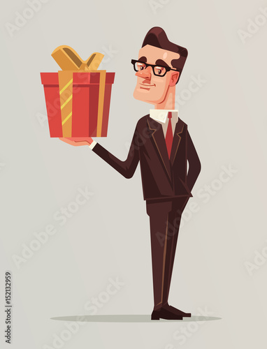 Man in business suit holds big gift box. Vector flat cartoon illustration