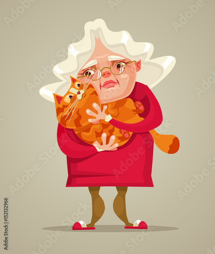 Happy smiling old woman character hold cat. Vector flat cartoon illustration