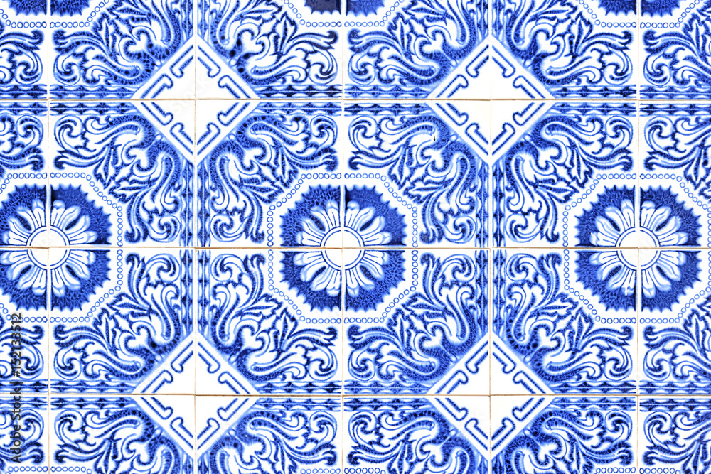 Traditional Portuguese ceramic tiles. Blue pattern detail