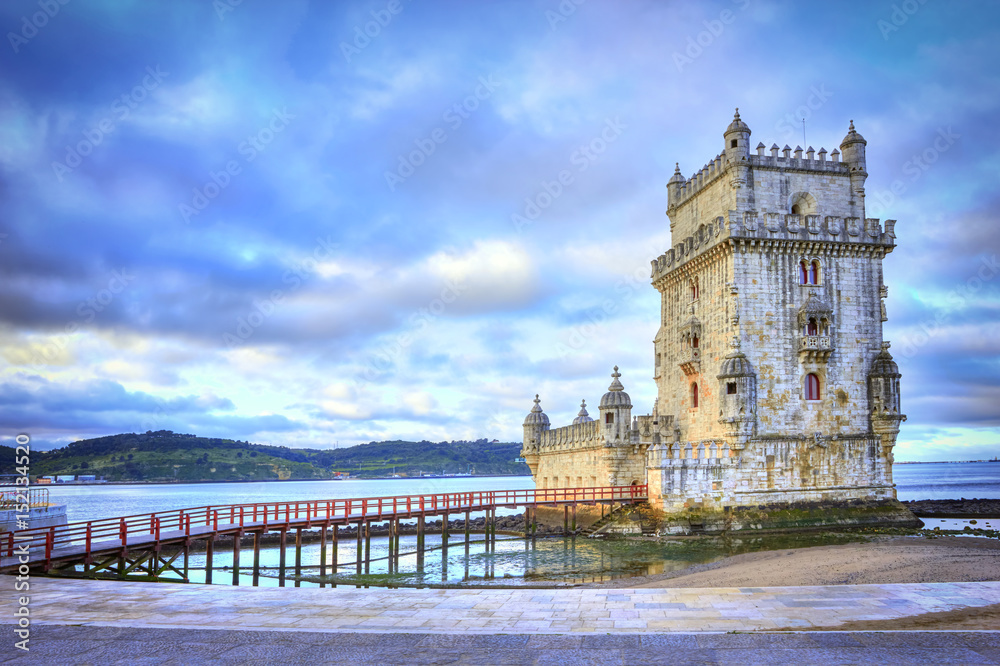 Beautiful Belem tower on a cloudy day in Lisbon, Portugal