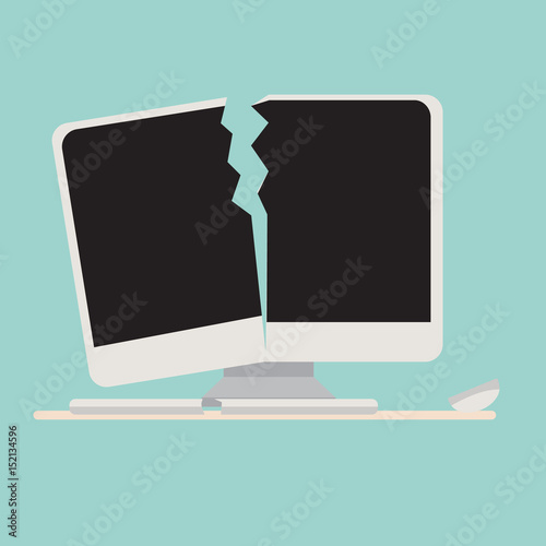 Broken computer with keyboard and mouse vector.Crashed computer flat cartoon style