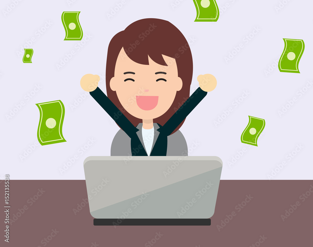 Businesswoman glad to earning money from online business with laptop on table.Vector and illustration Businesswoman glad to earning money from online business with laptop on table.Vector and illustration