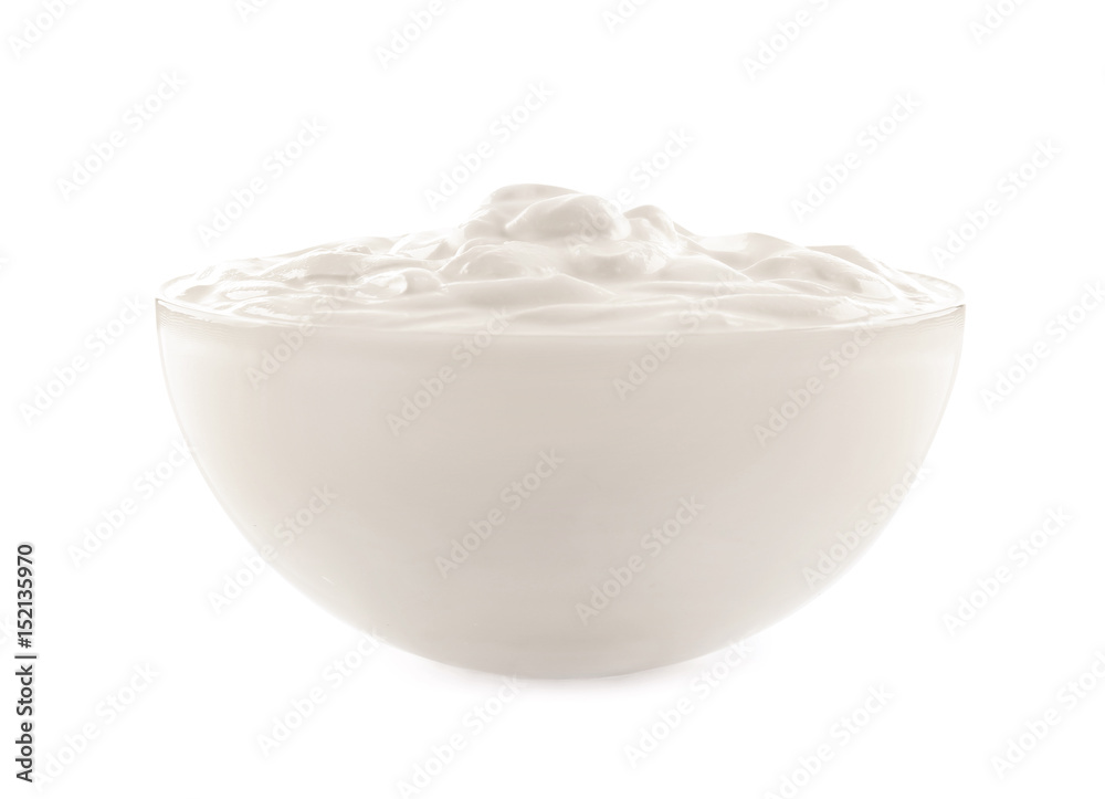 Bowl of tasty yogurt on white background Bowl of tasty yogurt on white background