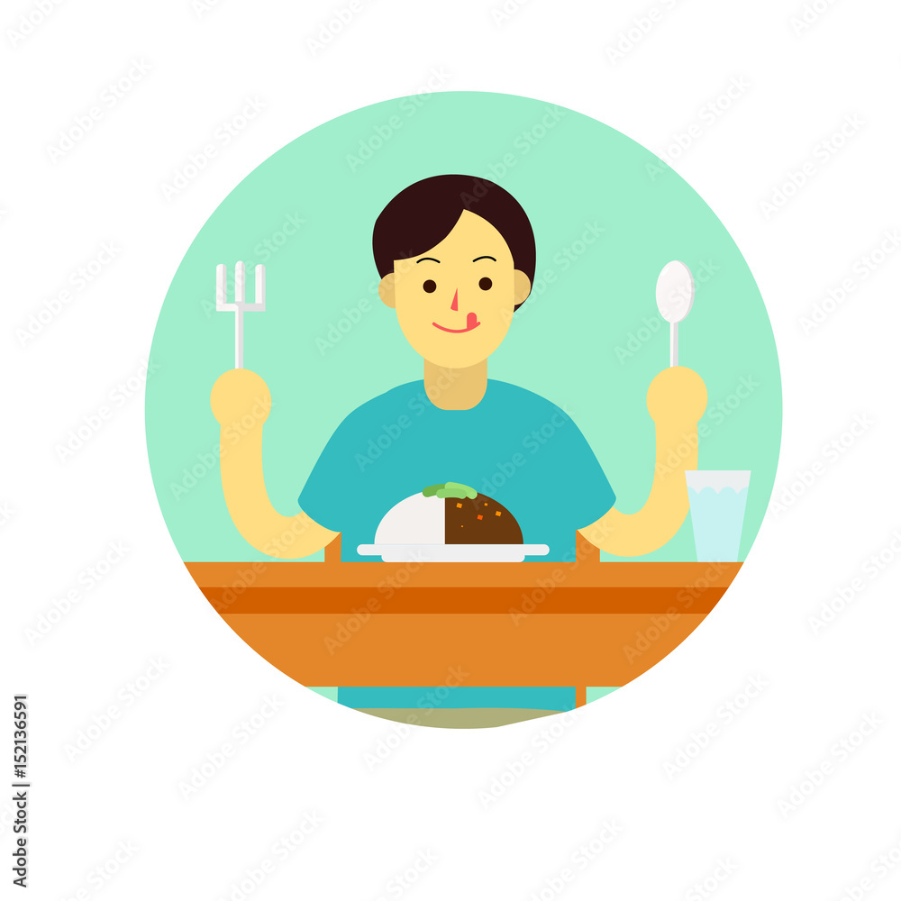 Young man wear private dress prepare to eat breakfast,curry,lunch,dinner with glass of water on table.flat sign cartoon design vector illustration Young man wear private dress prepare to eat breakfast,curry,lunch,dinner with glass of water on table.flat sign cartoon design vector illustration