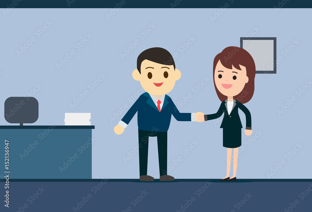 Business man and business woman shaking hands in meeting room vector illustration Business man and business woman shaking hands in meeting room vector illustration