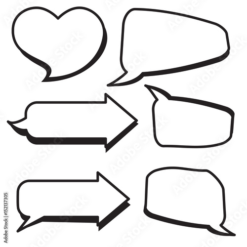 Set of cartoon text boxes with arrow shape,heart shape vector illustration.Bubbles blank speech.