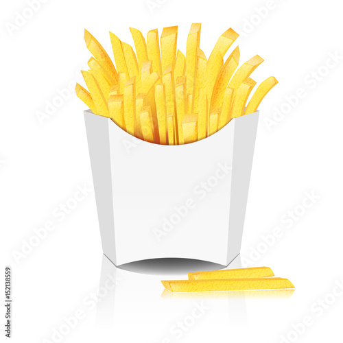 French fries with pack on white background. Mock up. Vector Illustration