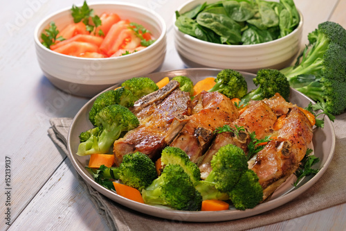 Pork ribs baked in oven with broccoli on plate.