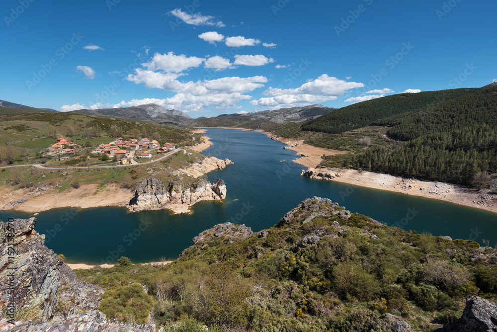 Scenic landscape of Lake camporredondo in Palencia, Castilla y León, Spain.