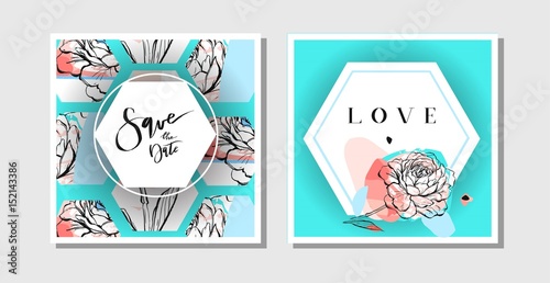 Hand drawn vector abstract creative collage freehand textured save the date greeting cards collection set template with flowers isolated on pastel background.Wedding,save the date,birthday,rsvp.