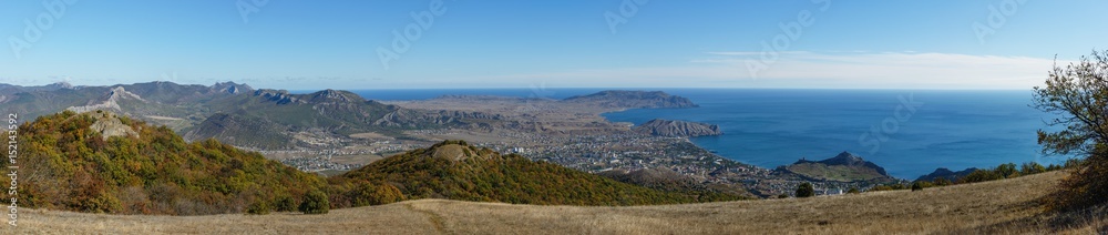 Panorama of Sudak area from Perchem Mountain, Crimea, Russia.