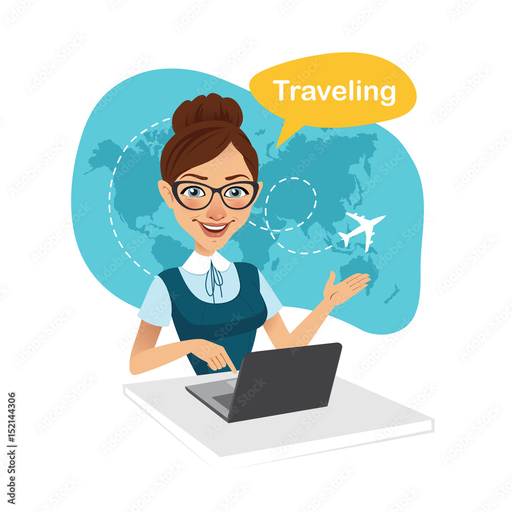 Travel agency banner. Woman sitting at table in office. Travel agent working for laptop. Travel concept Travel agency banner. Woman sitting at table in office. Travel agent working for laptop. Travel concept