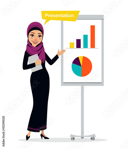 Arab business woman character with digital tablet standing near flipchart