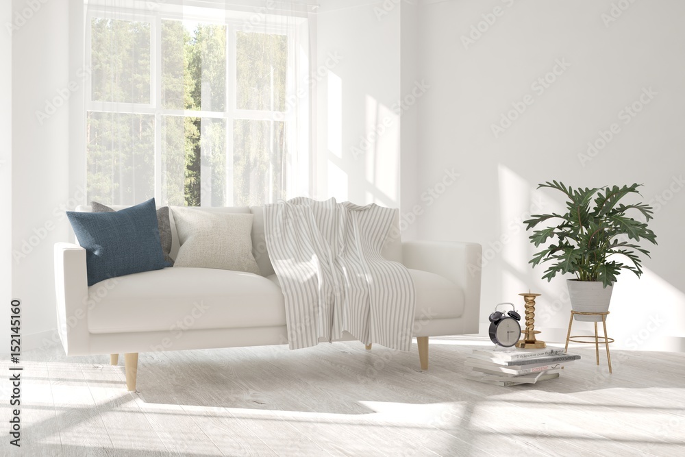 Fototapeta premium White modern room with sofa. Scandinavian interior design. 3D illustration