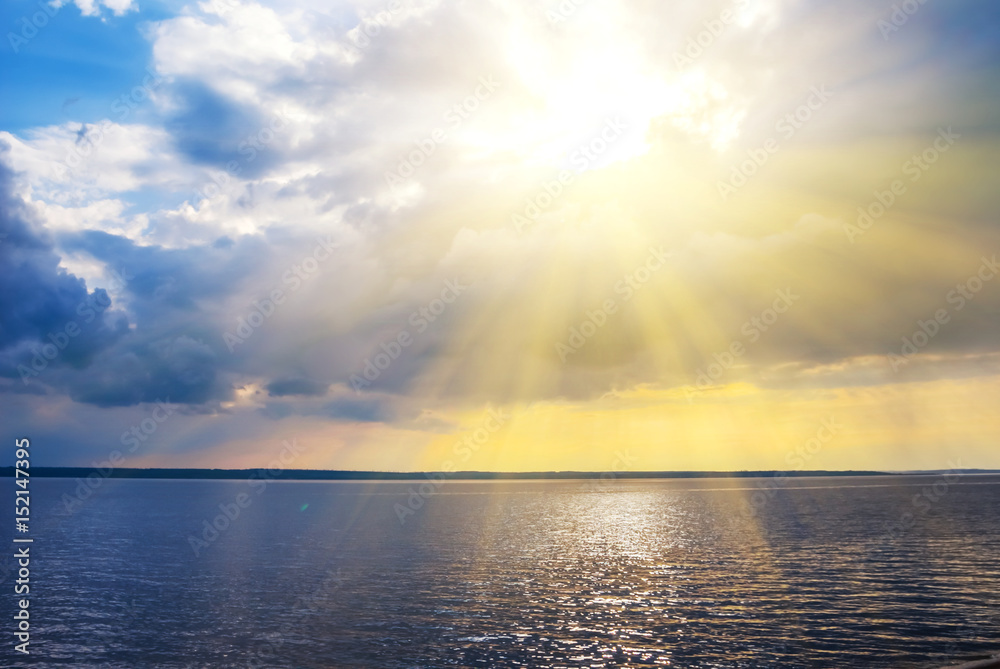 dramatic sunset above a big lake