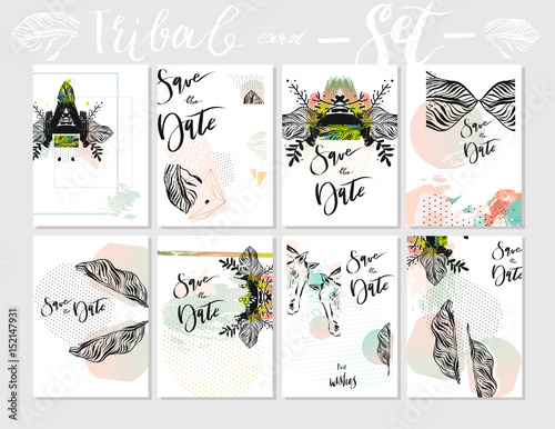 Hand made vector abstract graphic textured Save the Date tribal tropical exotic Valentines day cards set collection in pastel colors isolated on white background.Unusual cards for Business,journaling.