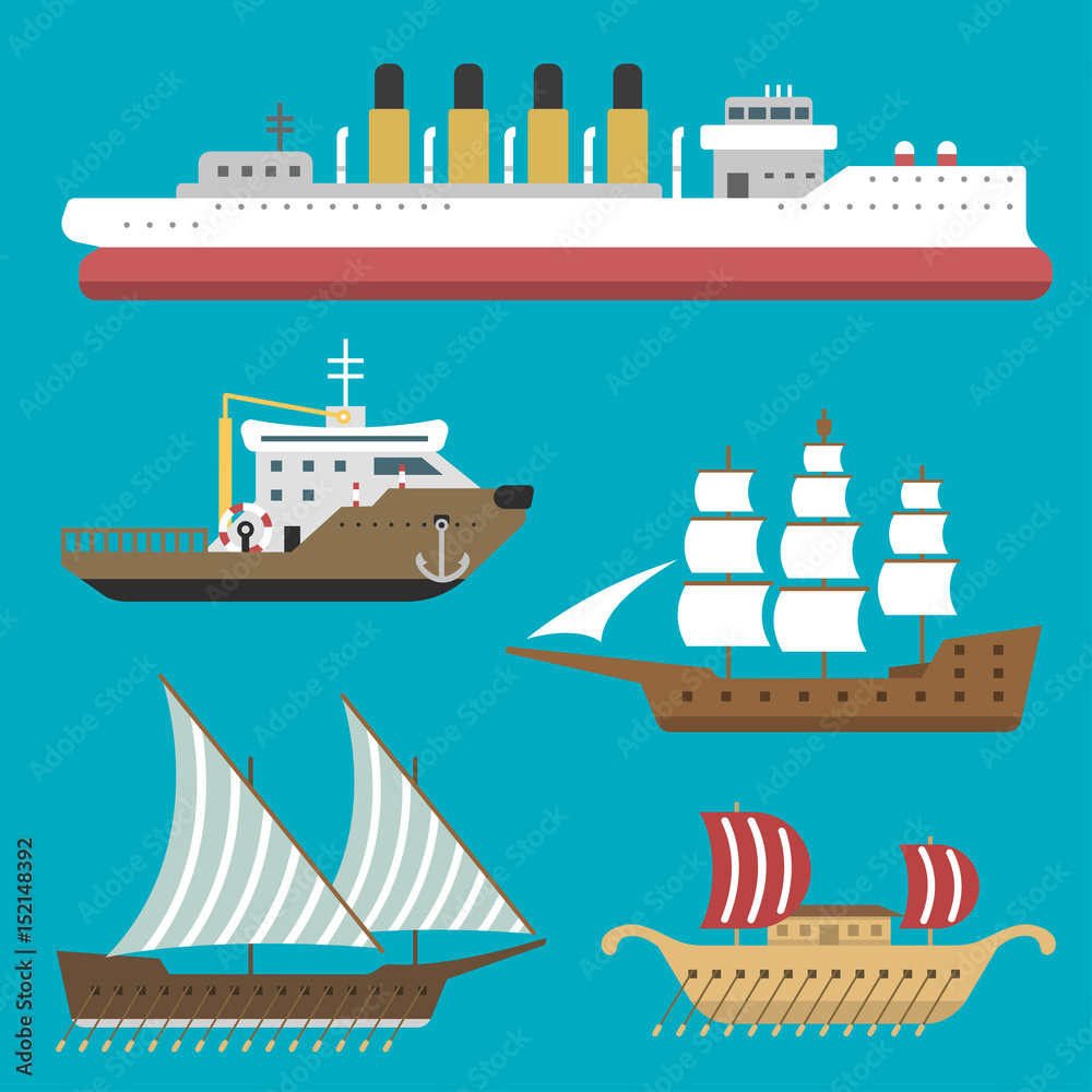 Ship boat sea symbol vessel travel industry vector sailboats cruise set of marine icon