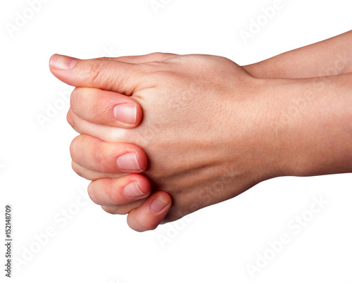 Woman Holding hands Volleyball Over White Background