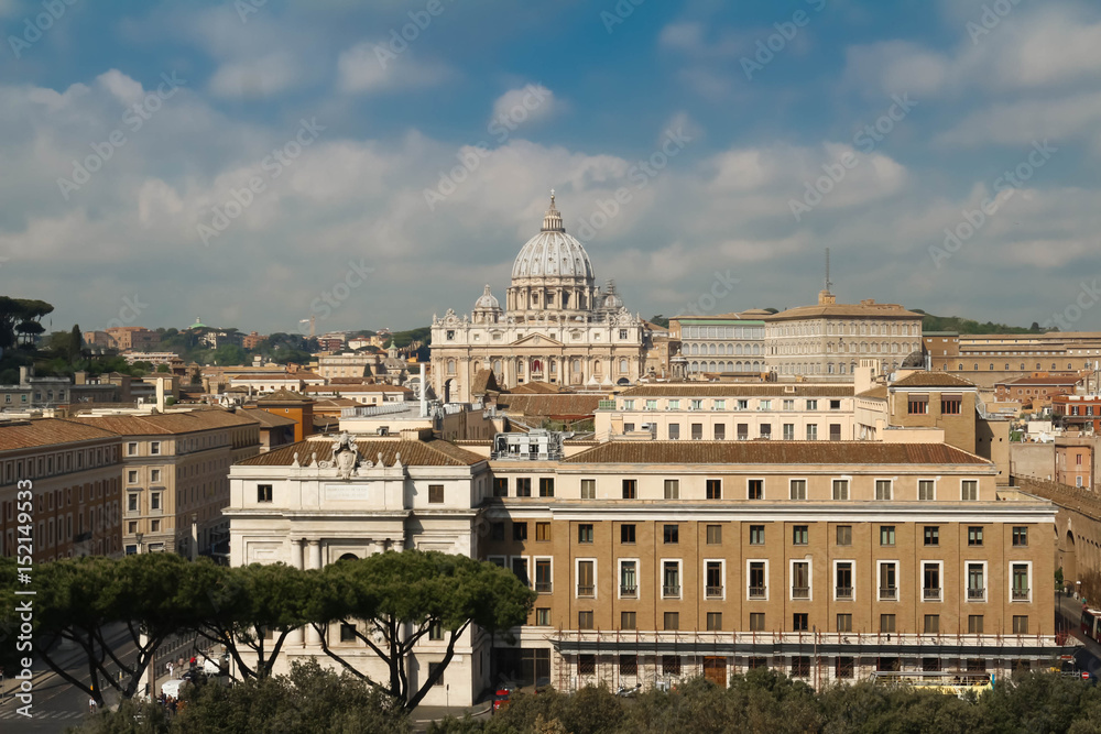 Panoramic cityscape of Rome with Saint Peter`s Basilica , Rome, Italy.