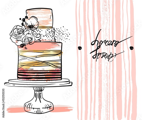 Hand drawn vector cute birthday or wedding template card with cake illustration in gold,pastel,black and white colors,with stripes and flowers decoration on cake stand isolated on white background.