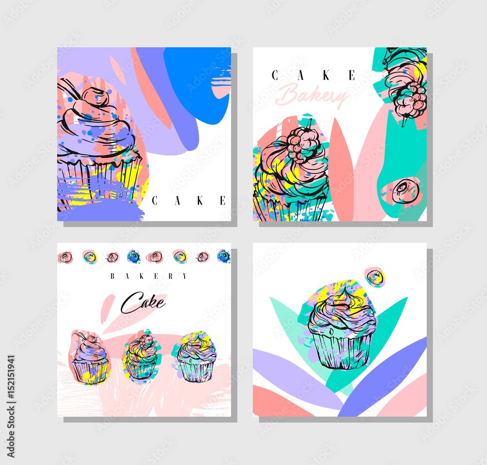 Hand drawn vector abstract cards collection set with collage cupcakes,freehand textures,berries and typography quote Bakery cake in pastel color isolated on white background.Menu,label,sign