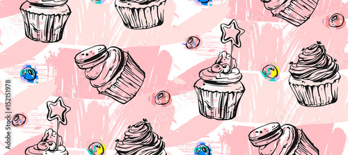 Hand drawn vector abstract seamless artistic abstract creative colorful cupcakes pattern isolated on pastel background.Sweet food decoration for fabric,wrapping,label,design,logo,birthday,wedding.
