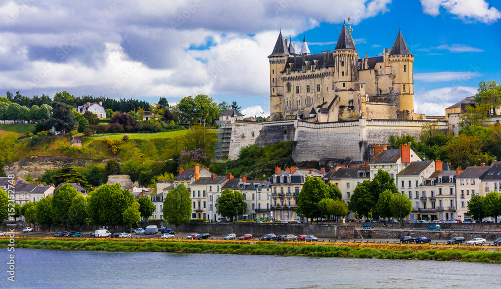 Obraz premium Great medieval castles of Loire valley - beautiful Saumur. France