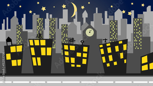 illustration of a cityscape panorama at night depicting urban life