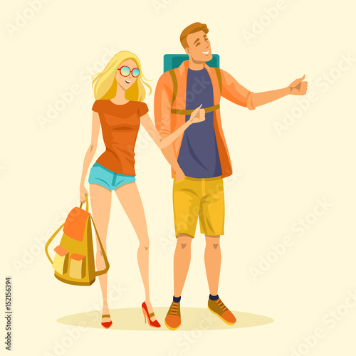 A young couple is hitchhiking. Illustration in cartoon style.