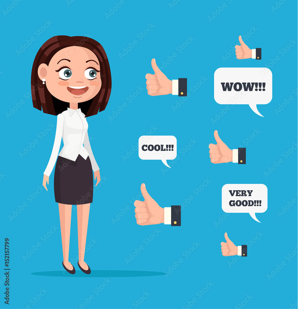 Happy smiling business woman office worker character with many hands with  thumbs up. Like sign. Good comments. Vector flat cartoon illustration Stock  Vector | Adobe Stock