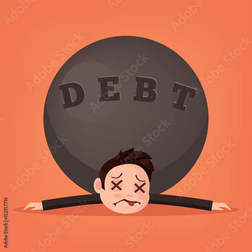 Sad unhappy stressed killed businessman office worker character by big debt stone. Vector flat cartoon illustration