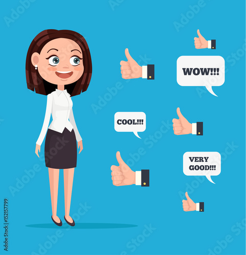 Happy smiling business woman office worker character with many hands with thumbs up. Like sign. Good comments. Vector flat cartoon illustration