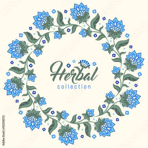 Floral round vintage frame, Jacobean embroidery style flowers. Colorful herbal wreath. Vector illustration. Herbal collection, blue meadow flowers.