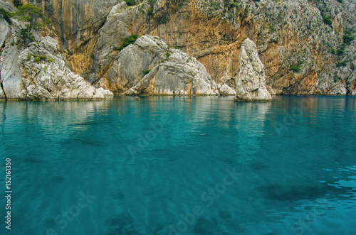Azure Mediterranean sea coast. Natural view of clear water. Turkish riviera.