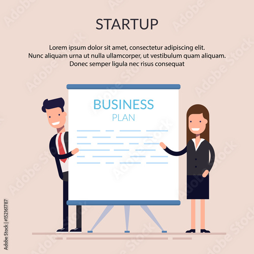 Business man and woman or managers stand near the presentation display. Startup. Demonstration at a meeting or seminar. Blank screen. Flat character isolated on background.