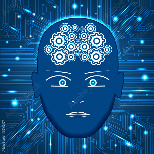 Head, gears in form of brain,circuit board background