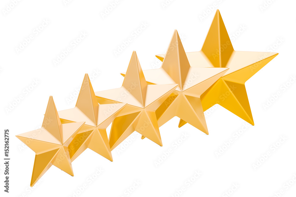 5 golden stars rating concept, 3D rendering 5 golden stars rating concept, 3D rendering