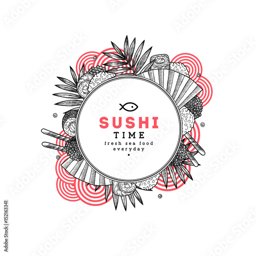 Sushi restaurant composition. Asian food design template. Vector illustration
