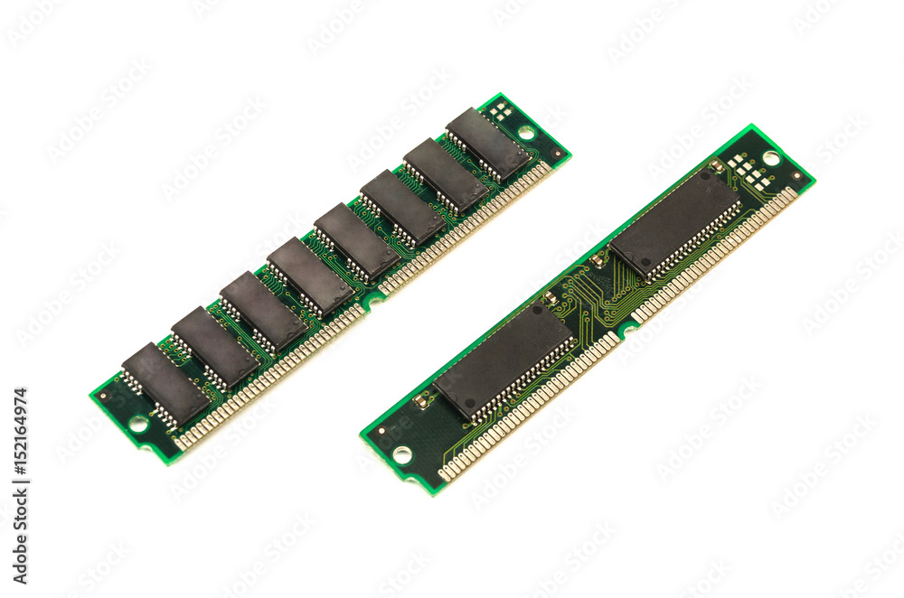 Memory module of computer isolated on white background. Obsolete old ram hardware.