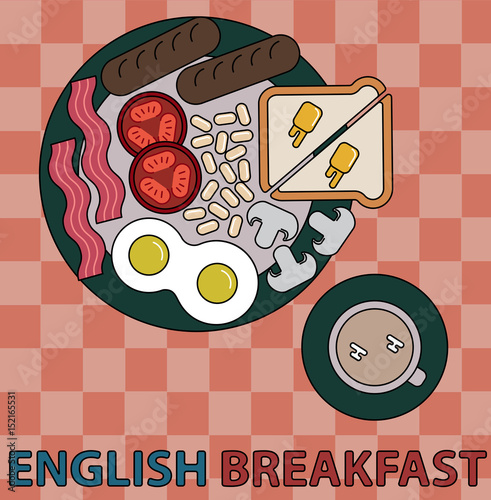 Colored line illustration. English Breakfast. Eggs, mushrooms, tomatoes, sausages, bacons, slices of bread on plate and jne cap of english tea. photo