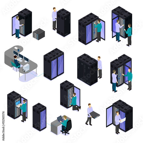 People In Data Center Isometric Set