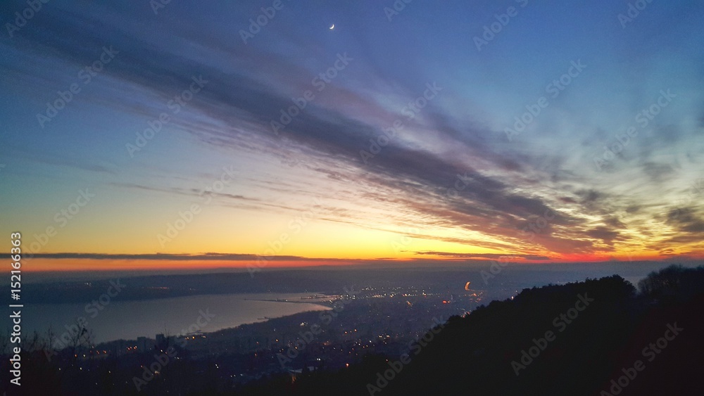 Sunset over the city, aerial view