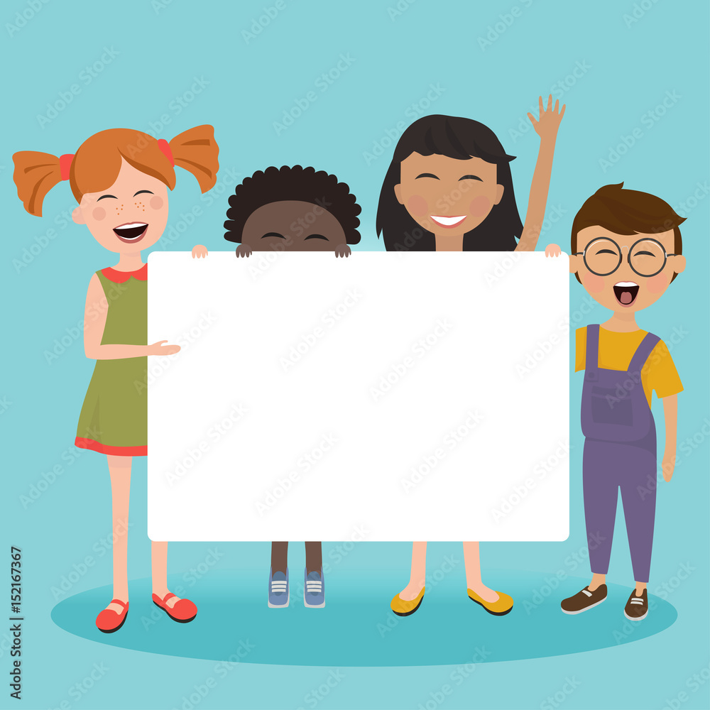 Colorful pattern with cartoon group of children. Boys and girls smiling and holding a blank for your text. Vector illustration
