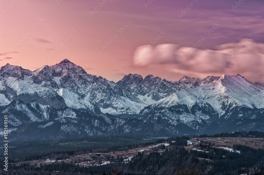 Dawn panorama of snowyTatra Mountains, Poland