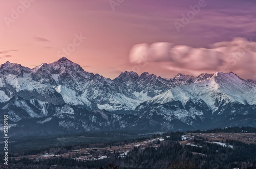 Dawn panorama of snowyTatra Mountains  Poland