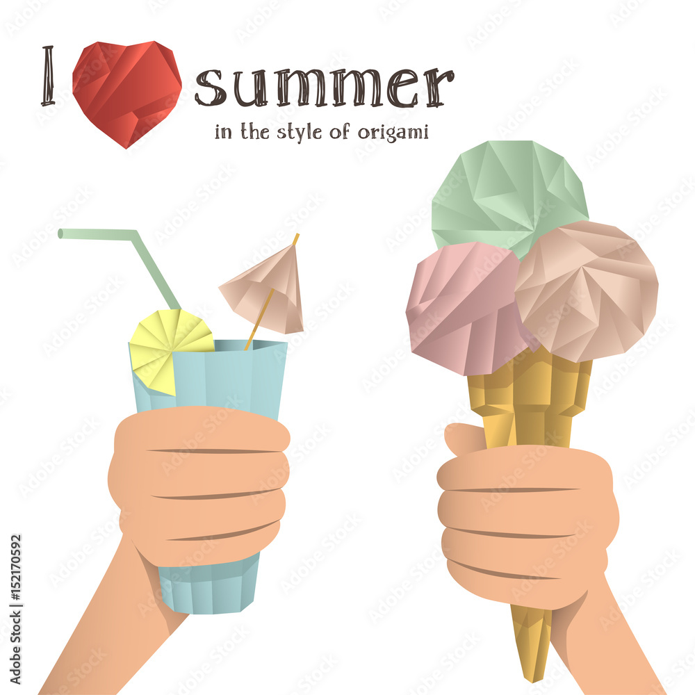 Vector illustration of two hands holding the ice cream in a waffle cone and a cool cocktail on a white background.Made in the style of origami. Paper origami. Vector illustration of two hands holding the ice cream in a waffle cone and a cool cocktail on a white background.Made in the style of origami. Paper origami.